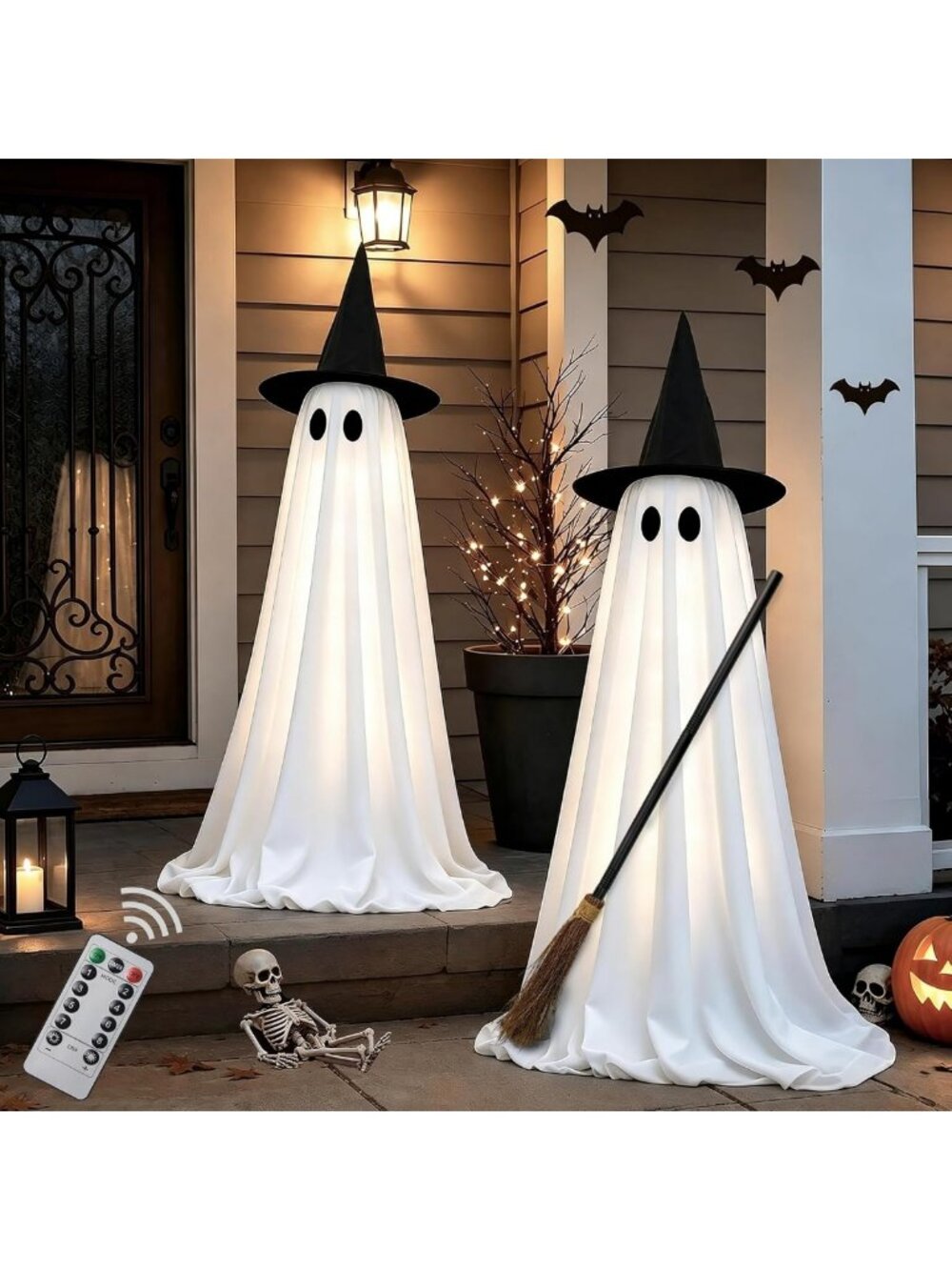 Light Up Halloween Ghost Decorations - 2 Pack Indoor Spooky Broom Ghosts